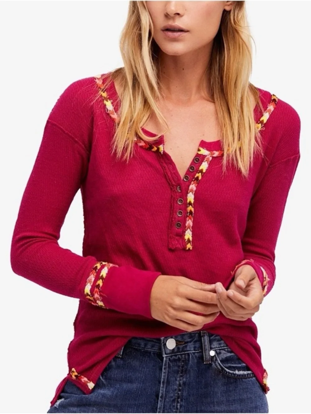 Free People Tribal Rainbow Henley Embroidered Thermal Long Sleeve Tee Size Large